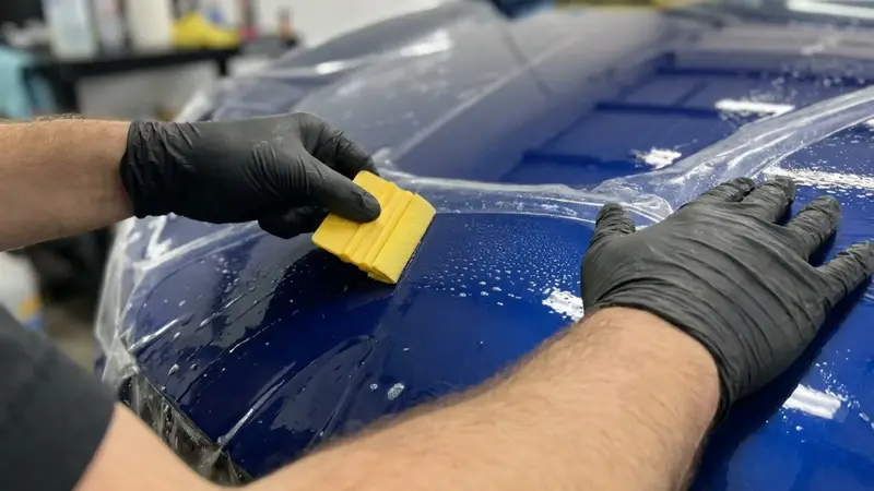 Paint protection film being applied to a car